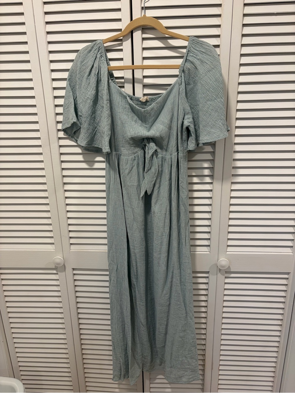 PINKBLUSH Light Blue Front Tie Ruffle Sleeve Maternity Midi Dress